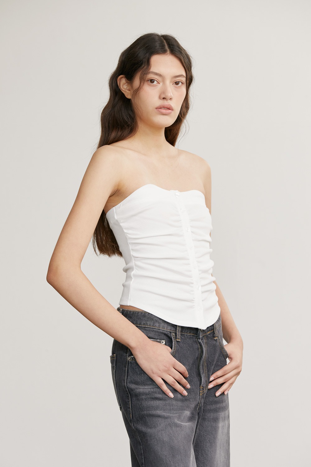 BUTTON UP SHIRRING TUBE TOP (IVORY)
